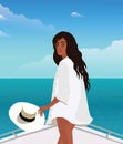 Digital illustration of a beautiful tanned girl model on a trip on a yacht posing in a shirt with a hat against the backdrop of a