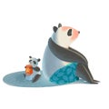 Digital illustration. Big father panda sits on the beach and protects his little son from sunburn