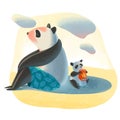 Digital illustration. Big father panda sits on the beach and protects his little son from sunburn