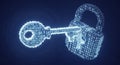 Digital illustration of a binary code key and padlock in a futuristic technological concept about cybersecurity and encryption Royalty Free Stock Photo