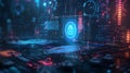 Digital illustration of biometric security with ar touch and tech elements on dark background