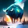 Digital illustration of a bison in a snowy landscape at night. AI Generated