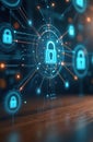 Digital illustration blockchain network secure data encryption. Cybersecurity tech on blurred abstract background. Padlock icons, Royalty Free Stock Photo