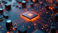 Digital illustration blockchain new tech, data transmission over circuit board, glowing CPU processor microchip. Futuristic Royalty Free Stock Photo