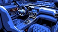 Digital illustration of blue luxury sports car interior with premium leather seats and modern dashboard. Upscale vehicle Royalty Free Stock Photo