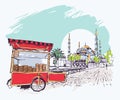 Digital illustration of the Blue Mosque and simit vendor cart in Istanbul Royalty Free Stock Photo