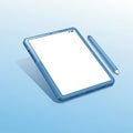 A digital illustration of a blue tablet and stylus on a light blue background. The tablet