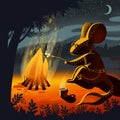 Digital illustration about a bonfire in the hill forest