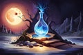 digital illustration of A bottle of magic potion in a dark fantasy forest