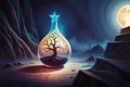 digital illustration of A bottle of magic potion in a dark fantasy forest