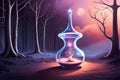 digital illustration of A bottle of magic potion in a dark fantasy forest. magic potion