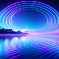 A digital illustration of blue and purple light rings over water.