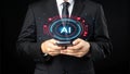 Business person with smartphone and AI hologram. Advanced technology innovation concept. Futuristic digital interface display.