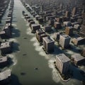 A city flooded by sea level rise.