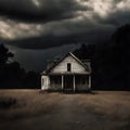 A spooky house in a field with dark clouds. Royalty Free Stock Photo