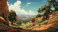 Lush Desert Landscape Painting With Canyon And Trees In May