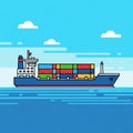 A digital illustration of a cargo ship sailing on the ocean. The ship is navy blue with a re Royalty Free Stock Photo