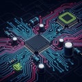 A digital illustration of a circuit board featuring a central Royalty Free Stock Photo