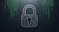 Digital illustration of a circuit board padlock with binary code symbols on a dark blue background representing cybersecurity and Royalty Free Stock Photo