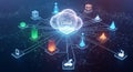 Digital illustration of cloud computing concept with interconnected network and futuristic technology icons Royalty Free Stock Photo