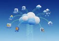 A digital illustration of cloud computing concepts. Central large cloud connected to Royalty Free Stock Photo