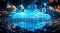 Digital Illustration of Cloud Computing Network with Glowing Blue Clouds and Data Streams on a Futuristic Grid Background Concept Royalty Free Stock Photo