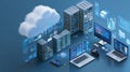 Digital illustration of cloud computing with servers and connected devices, data analysis and multi-device connectivity concept. Royalty Free Stock Photo