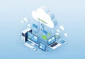 Digital illustration of cloud computing technology. A large cloud icon is centrally Royalty Free Stock Photo
