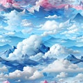 Digital illustration of clouds and mountains in the style of low poly art (tiled)