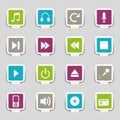 Digital illustration of colorful audio-themed isolated icons