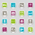 Digital illustration of colorful beach vacation-themed isolated icons on a gray background