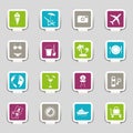 Digital illustration of colorful beach vacation-themed isolated icons on a gray background