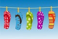 Digital illustration of colorful flip flops with different designs hanging from a laundry wire