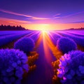 Digital illustration of a colorful sunset over a field of purple flowers. AI Generated