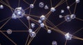 Digital illustration of a complex interconnected network with white cubes and yellow lines floating in dark blue space creating Royalty Free Stock Photo