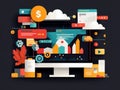 Digital illustration of computer screen displaying data analytics and cloud computing elements, featuring colorful icons, graphs, Royalty Free Stock Photo