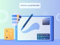 Digital illustration concept screen view apps illustrator tool with flat style.