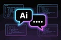 Neon glowing chat bubbles and code windows illustrating artificial intelligence communication. Royalty Free Stock Photo