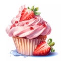 Digital illustration of a creamy strawberry cupcake on a white background