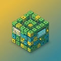 A digital illustration of a cube composed of interconnected, vibrant green and yellow Royalty Free Stock Photo
