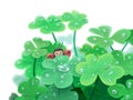 Digital illustration of cute ladybug hiding under the leaf of the clover