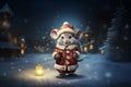 Digital illustration of cute mouse wearing Santa Claus Christmas costume on snowy background