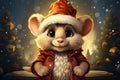 Digital illustration of cute mouse wearing Santa Claus Christmas costume on snowy background