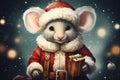 Digital illustration of cute mouse wearing Santa Claus Christmas costume on snowy background