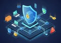 Data protection, surrounded by symbols like firewalls, alerts, keys, Royalty Free Stock Photo
