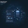A digital illustration of a data privacy compliance dashboard. Central elements include Royalty Free Stock Photo