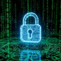 A digital illustration of data security, featuring a glowing blue padlock overlaid with Royalty Free Stock Photo