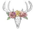 Digital illustration of deer skull with flowers.