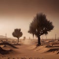 A digital illustration depicting climate change showing two trees in a desert.