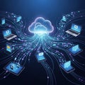 A luminous cloud icon is connected to various devices including laptops, Royalty Free Stock Photo